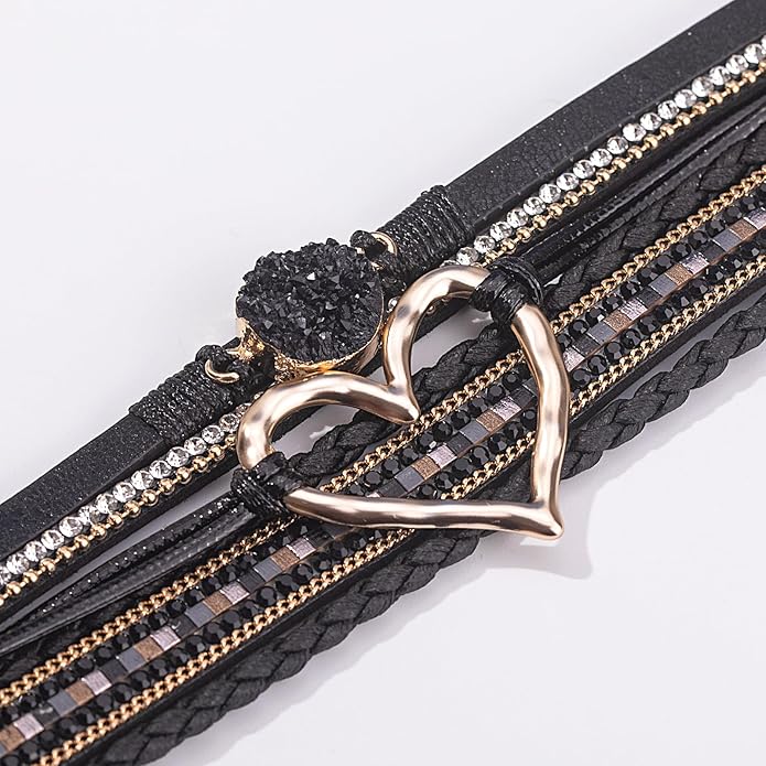 FANCY SHINY Heart Leather Wrap Bracelets Stackable Boho Cuff Bangles Trendy Resin Stone Rhinestone Bracelets with Magnetic Clasp for Women