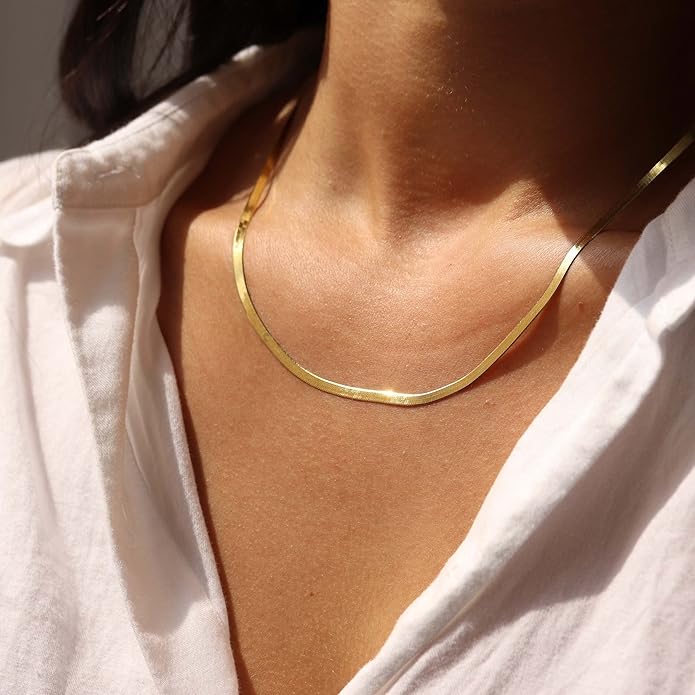 DEARMAY 14K Gold Plated Necklaces for Women, Dainty Gold Herringbone Choker Necklace Thin Layered Snake Chain Jewelry for Gifts