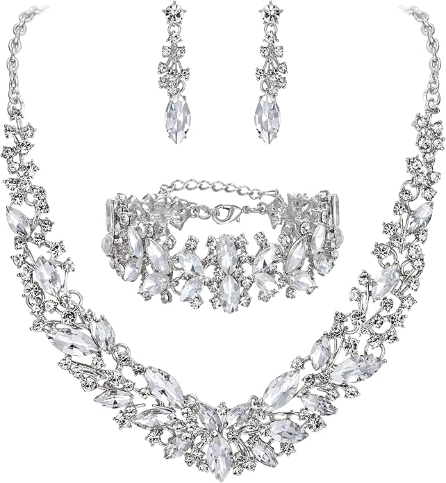 BriLove Women's Wedding Bridal Austrian Crystal Marquise Cluster Collar Necklace Dangle Earrings Set