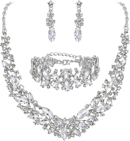 BriLove Women's Wedding Bridal Austrian Crystal Marquise Cluster Collar Necklace Dangle Earrings Set