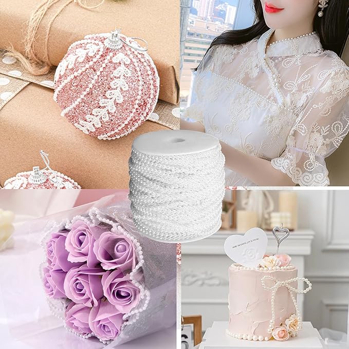 FQTANJU White Pearl Garland Strand,2.5mm Crystal Beads Faux Bead Spool Rope for Wedding Party Decoration DIY Crafts (50 Meters)