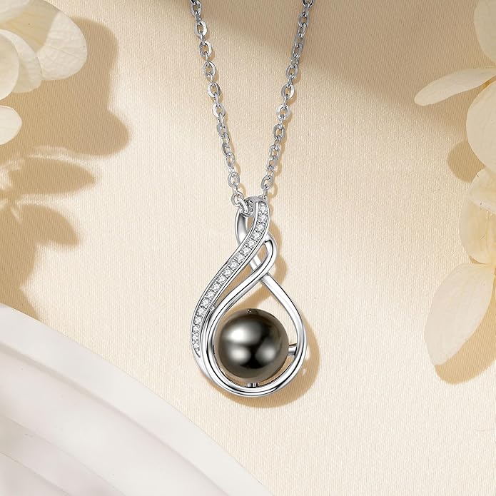 Tahitian Black Pearl Necklaces for Women, Sterling Silver Single Pearl Pendant Necklace Birthday Anniversary Jewelry Gifts for Wife Mom