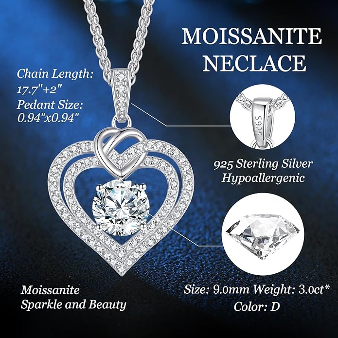OOBEE Moissanite Heart Necklaces for Women, 1- 4 Carat Moissanite 925 Sterling Silver Gold Plating Fine Women Necklace，Ideal Anniversary Birthday Christmas Valentine Mothers Day Jewelry Gifts for Mom Wife Her Girlfriend