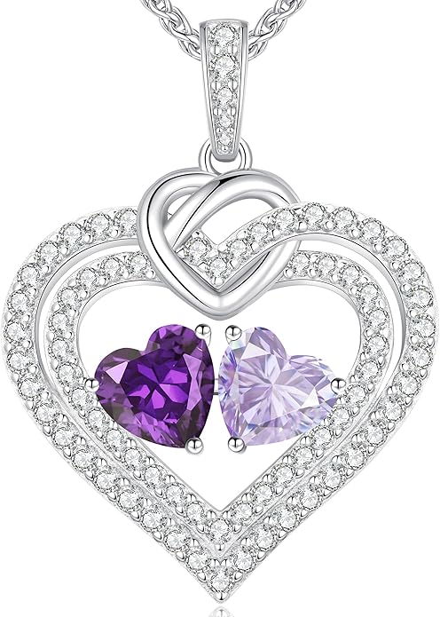 LOUISA SECRET Sparkling Double Heart Birthstone Necklaces for Women, 925 Sterling Silver Fine Jewelry, Pendant Heart Necklaces Birthday Anniversary Christmas Gift for Women Wife Mom Girlfriend Lady