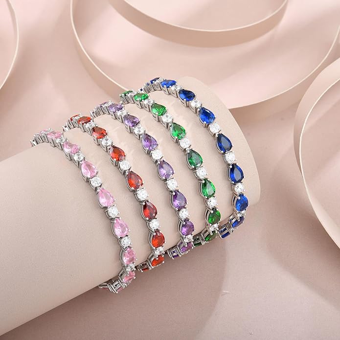 Birthstone Tennis Bracelet for Women 925 Sterling Silver Pear Shaped Gemstone Jewelry Gifts for Her