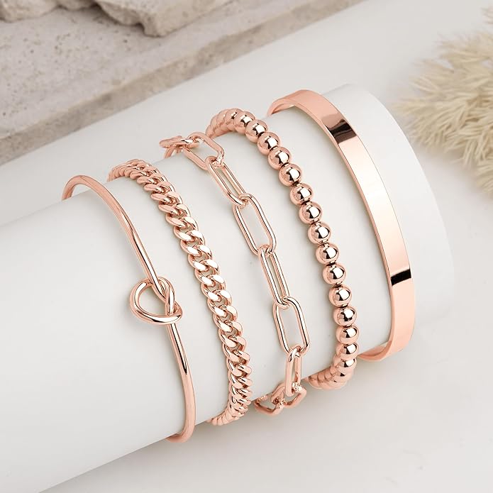 Gold Bracelets for Women Non Tarnish, 14K Gold Plated Chunky Cuff Bracelet Gold Bangles Bracelet for Women Trendy Tie Knot Cuban Rope Paperclip Beaded Bracelet Stack Jewelry Gifts