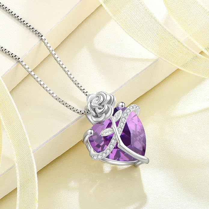 Birthstone Necklace for Women 925 Sterling Silver Love Heart Rose Flower Necklace Dainty Jewelry Gifts for Women Wife Girlfriend Mother Daughter Her