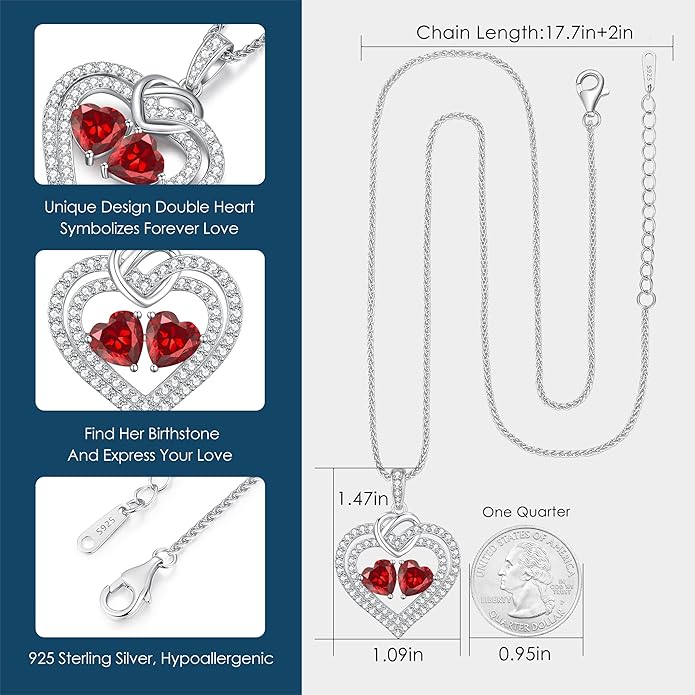 LOUISA SECRET Sparkling Double Heart Birthstone Necklaces for Women, 925 Sterling Silver Fine Jewelry, Pendant Heart Necklaces Birthday Anniversary Christmas Gift for Women Wife Mom Girlfriend Lady