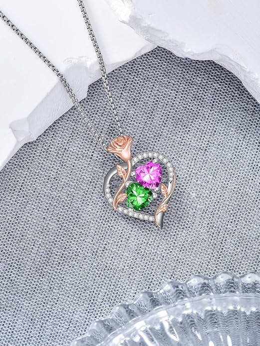 Christmas Gifts for Women Rose Heart Birthstone Pendant Necklace I Love You Forever Jewelry Valentine Mothers Day Birthday Gifts for Women Her Wife Girlfriend