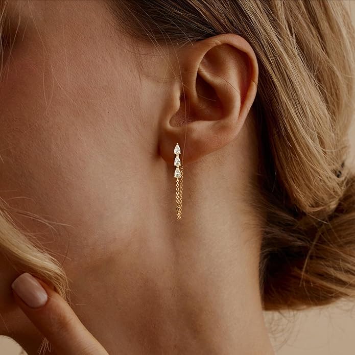 Gold Earrings for Women,Dainty 14k Gold Plated Pearl Drop Earring Dangle Pearl Dangling Earrings for Women Trendy Small Cute Wedding CZ Earring Long Chain Threader Prom Jewelry Gifts