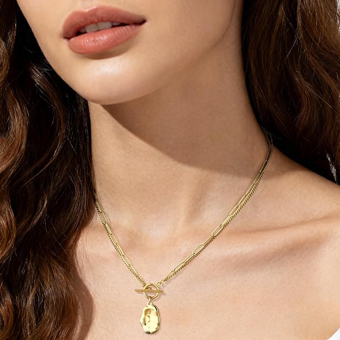 Chunky Gold Necklace for Women, 18K Waterproof Heart Necklace Statement Necklace Gold Charm Necklace Chunky Jewelry Paperclip Chain Choker Gift for Women