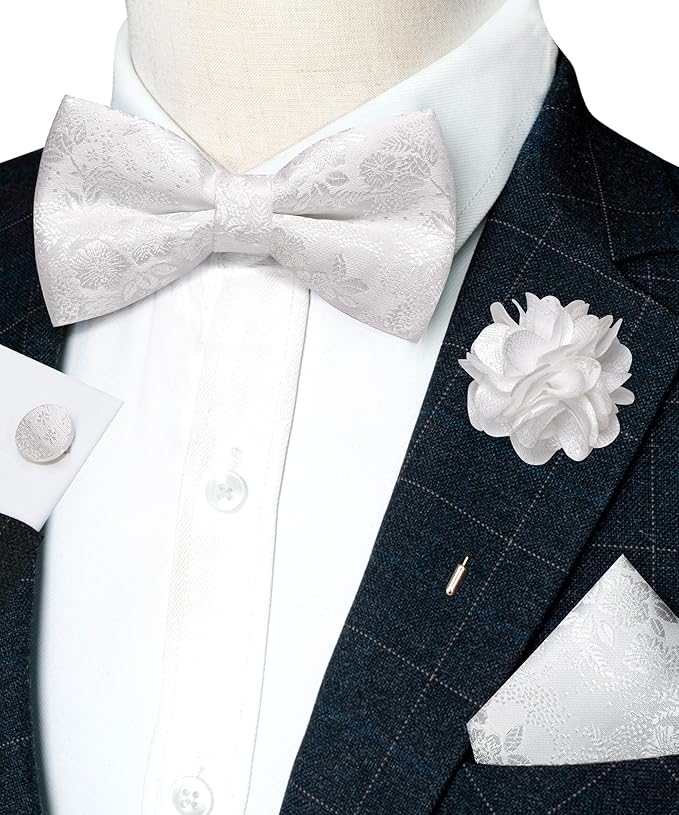 JEMYGINS Floral Pre-tied Bow Tie and Pocket Square Cufflinks Lapel Pin Sets for Men 4PCS