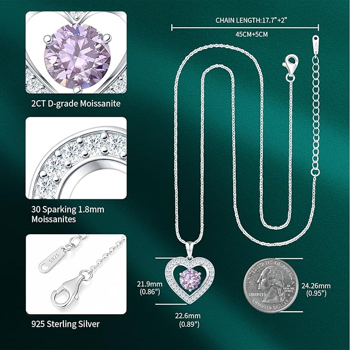 31-Stone Birthstone Heart Necklace for Women | 2ct Moissanite & 30 Sparkling Accents | Valentine's Day, Birthday,Mother's Day, Christmas Gift for Wife, Mother, Girlfriend
