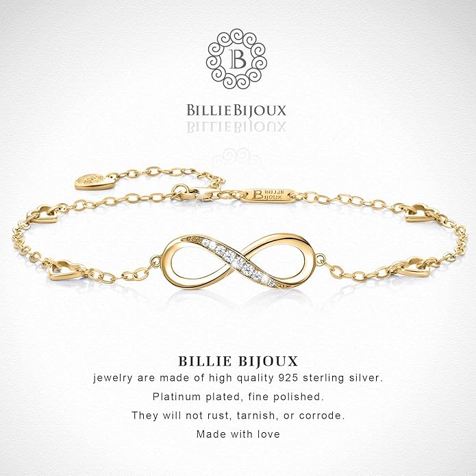 Billie Bijoux Womens 925 Sterling Silver Infinity Anklet Bracelet Endless Love Symbol Charm Adjustable Large Bracelet Gifts for Women