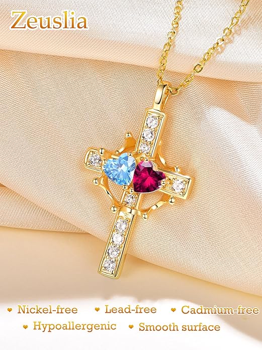 Zeuslia Double Birthstone Necklace Gifts for Wife - 925 Sterling Silver Sunflower/Rose/Crown Cross/Compass/Heart Pendant I Love You Necklace, Anniversary Birthday Gifts for Wife Girlfriend Mom Her