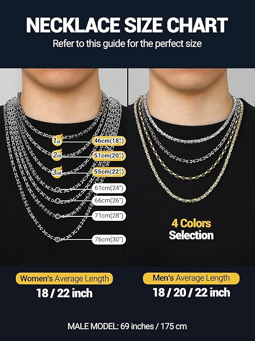 PROSTEEL 4MM/6MM/8MM Stainless Steel Necklace for Men Women, Stylish and Cool, Byzantine Chain Black Gold Silver Tone, 18-30 Inches, Come Gift Box