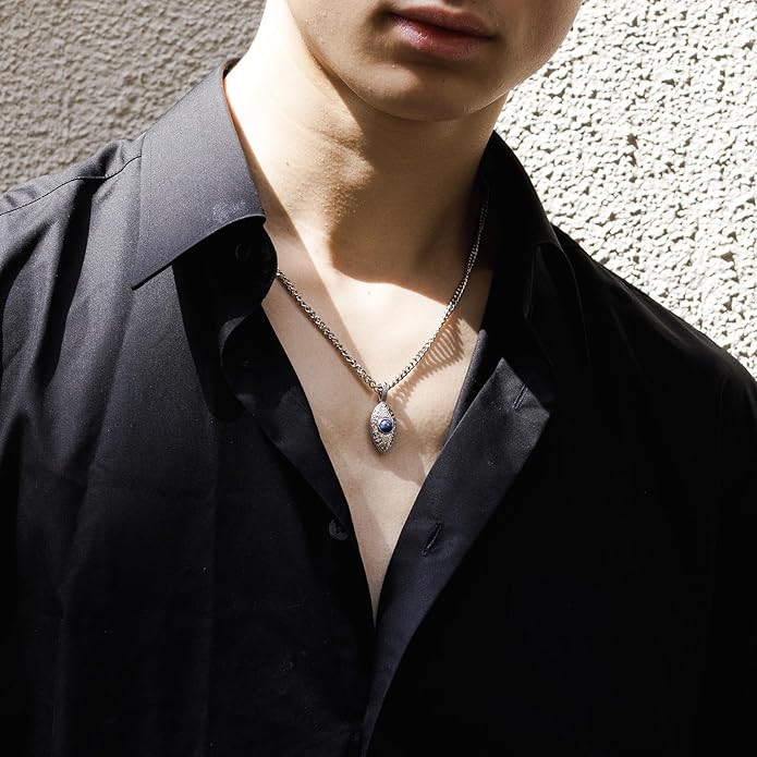 AWNL Dumortierite Moving Ball Necklace for Men Sterling Silver Engraved Runes Natural Gemstone Premium Pendant Necklace with Stainless Steel Chain Gift for Men 24 Inch
