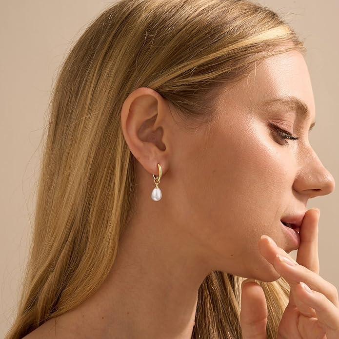 14K Gold Plated Pearl Dangle Earrings for Women, Small Pearl Drop Huggie Hoop Earrings, Hypoallergenic Dainty Gold Wedding Earrings Jewelry Gifts for Women Trendy