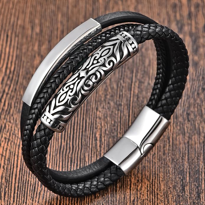 Italian Handmade Genuine Leather Bracelets for Men Stainless Steel Clip, Men's Casual Genuine Multi-layer Cuff Bracelet, Bracelet Gift for Real Men
