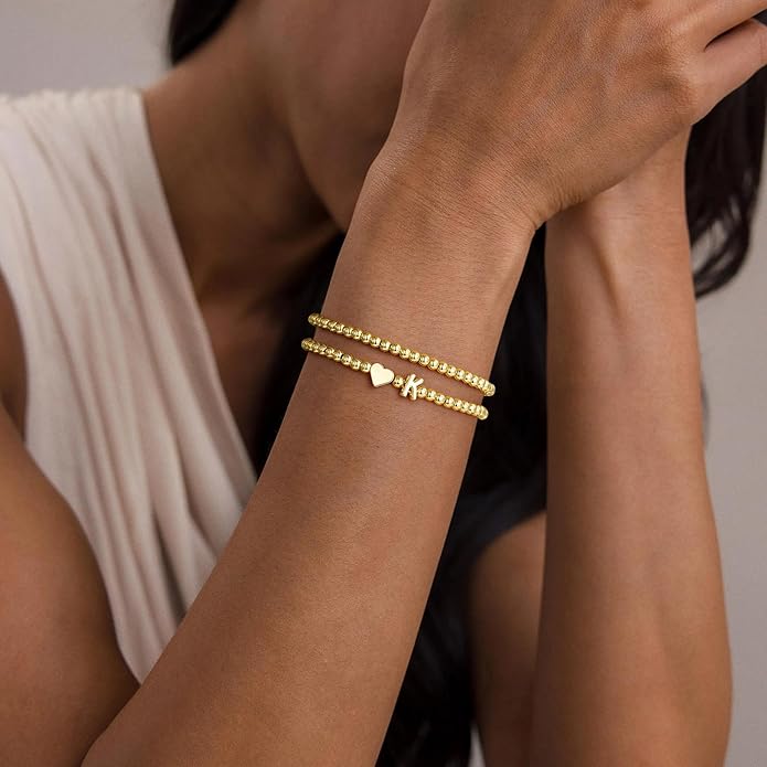Ursteel Initial Heart Bracelet for Women - Dainty 14K Gold Plated Beaded Bracelets for Women Trendy Letter A-Z Heart Jewelry Personalized Gifts