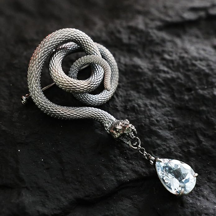 Snake Brooch with Aquamarine Crystal | Gothic Fashion Jewelry Pin | Vintage Style Statement Accessory for Women & Men