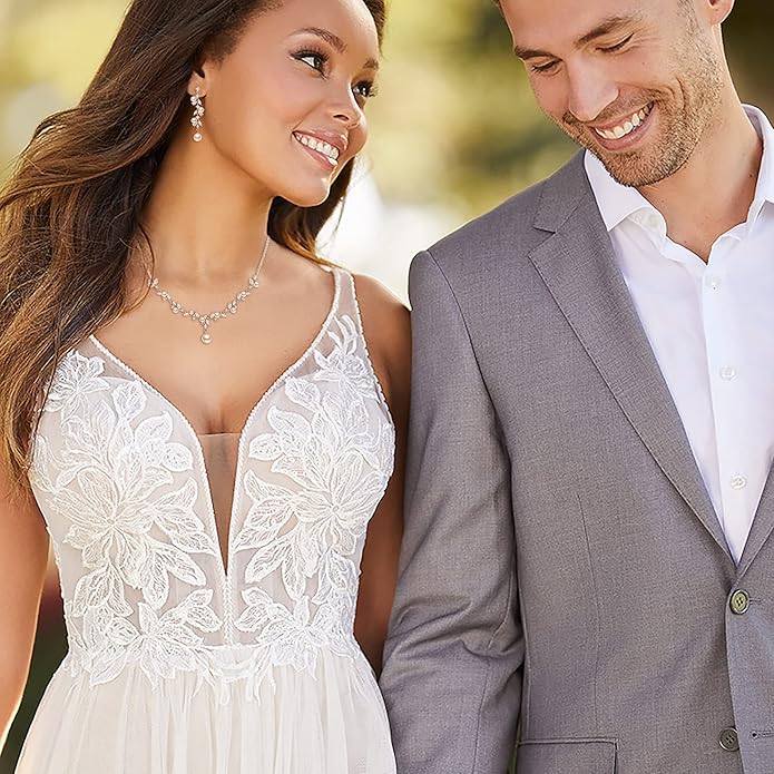 EleQueen Women's Simulated Pearl Wedding Jewelry Set, Cubic Zirconia Marquise Floral Bridal Necklace Earrings Bracelet Sets