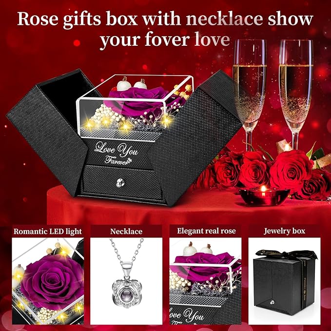 Preserved Purple Real Rose-Eternal Flowers Rose Birthday Gifts for Her Mom Wife Girlfriend Grandma on Valentines Mothers Day Christmas Anniversary Romantic with Heart I Love You Necklace-Purple