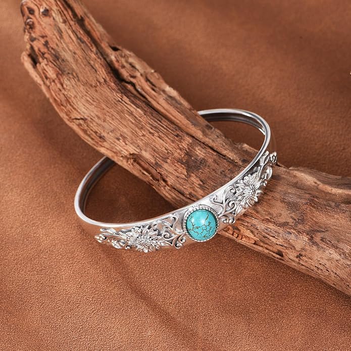 Genuine Turquoise Cuff Bracelet for Women, 925 Sterling Silver Adjustable Sunflower Bangle, Vintage Carved Boho Jewelry Gift for Christmas or Birthday
