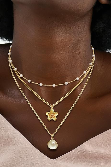 ASCOMY Gold Necklace for Women 14K Gold/Silver Plated Layered Necklaces Stackable Layering Cross Necklace Stacked Coin Pendant Pearl Herringbone Chain Stacking Gold Choker Trendy Jewelry Gift for Her