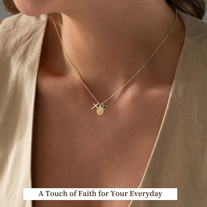 Gold Cross Necklaces for Women, 1-12 Birthstone Necklace Stocking Stuffers for Her Faith Confirmation Gifts for Teen Girls Virgin Mary Necklace Gifts for Christians Birthday Baptism Religious Jewelry