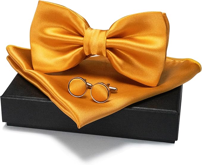 JEMYGINS Solid Color mens Pre-tied Bow Tie and Pocket Square Cufflinks Sets with Gift Box