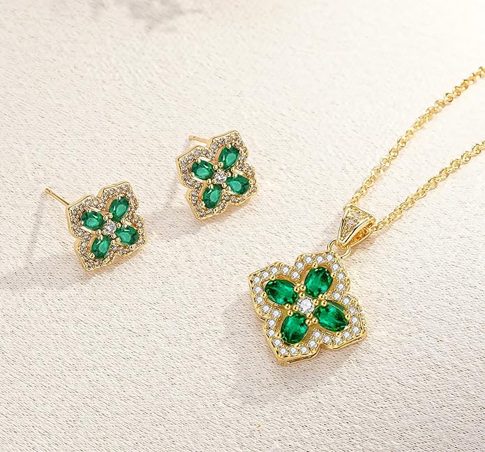 VONSSY Four Leaf Clover Necklace Earrings Shamrock Irish ST Patricks Jewelry Set Gift Green Emerald Zircon Crystal Stud 18k Gold Plated Chain Saint Pendant for Woman Wife Girlfriend