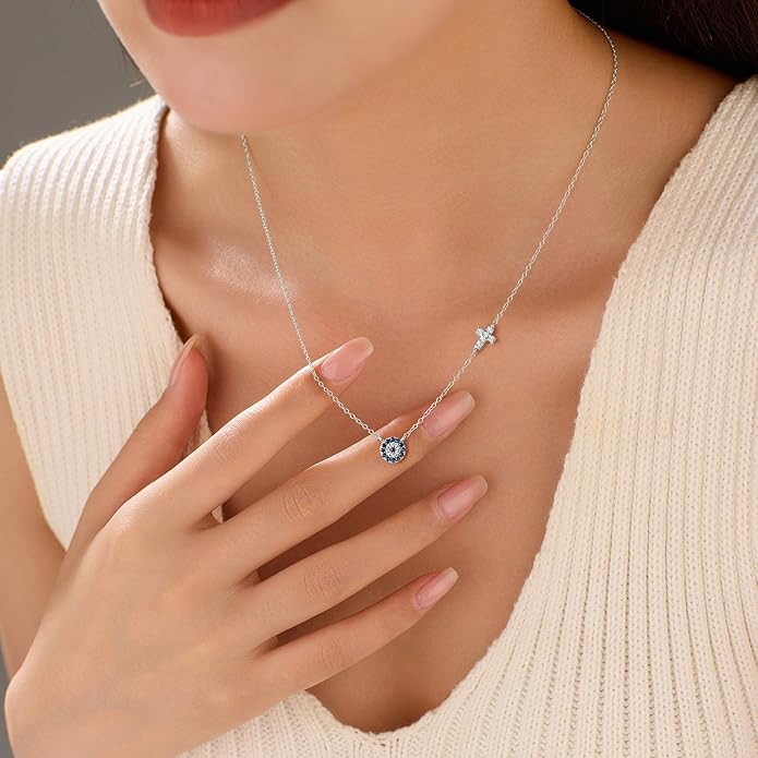 SUYACS Gold Evil Eye Necklaces for Women 925 Sterling Silver Small Cross Pendant Necklace Blue Cubic Zirconia Eye Charm Chain Christian Baptism Religious Faith Jewelry Christmas Gifts for Mom
