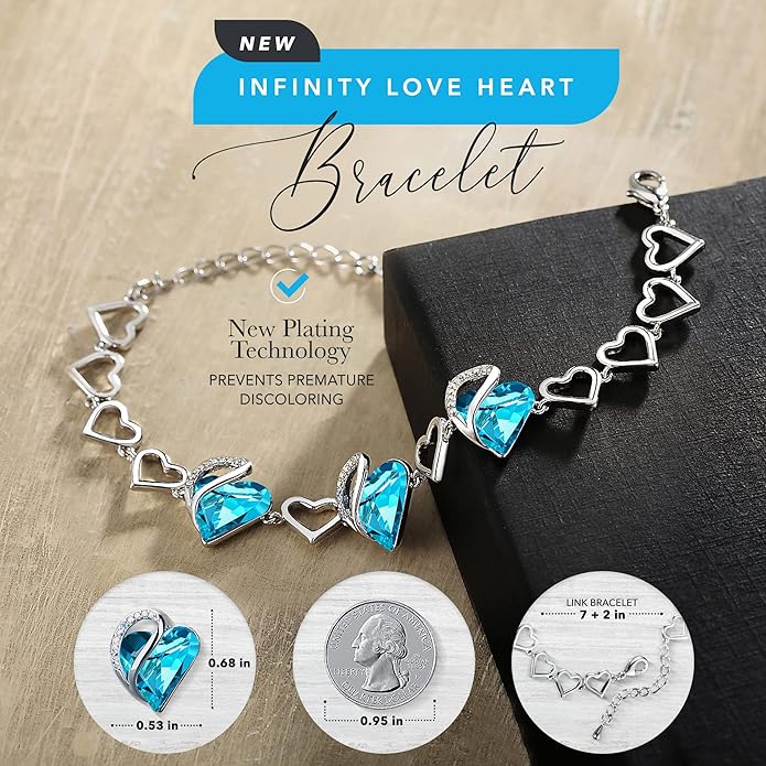 Leafael Infinity Love Heart Link Bracelets, Birthstone or Healing Stone Crystal Bracelet for Women, Silver Tone Jewelry Gifts for Her, 7-inch Chain and 2-inch Extender
