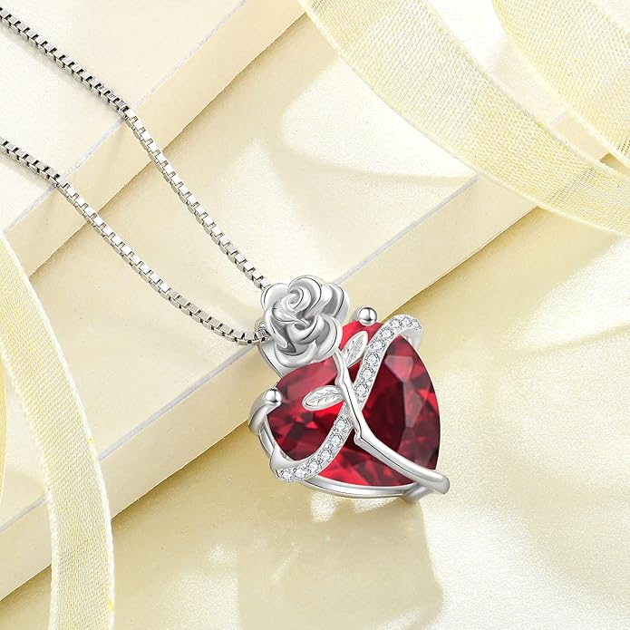 Birthstone Necklace for Women 925 Sterling Silver Love Heart Rose Flower Necklace Dainty Jewelry Gifts for Women Wife Girlfriend Mother Daughter Her