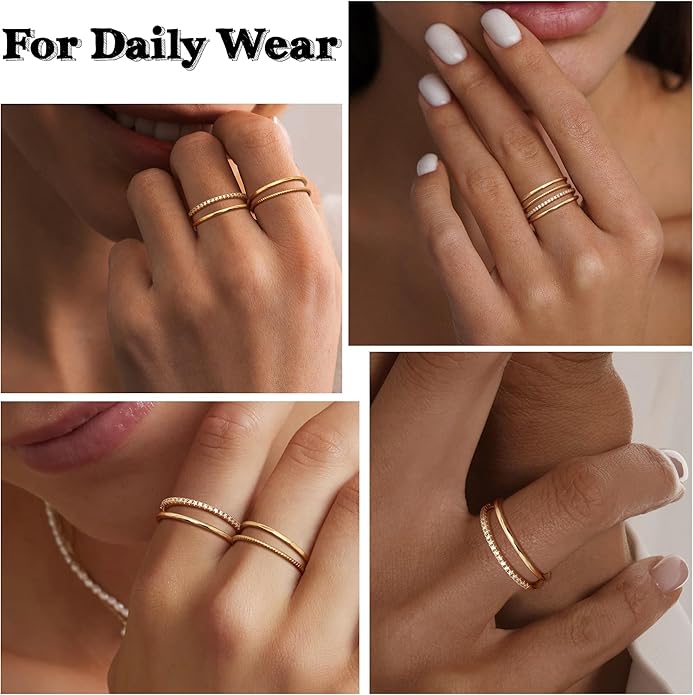 MILACOLATO 14K Gold Plated 1.3mm Thin Stackable Rings for Women - Minimalist Non Tarnish Half Cubic Zirconia Band Rings - Dainty Trendy Statement Stacking Rings Set Size 5-10