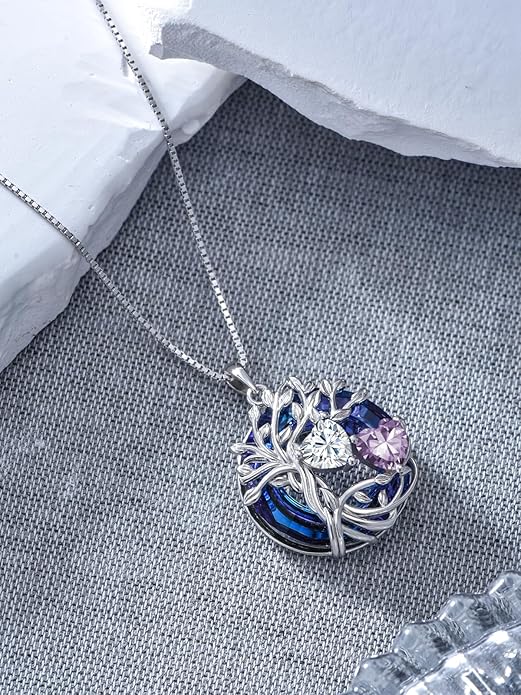 TOUPOP s925 Sterling Silver Family Celtic Tree of Life Pendant Necklaces with 2 Heart Birthstone with Blue Austrian Crystal Jewelry Birthday Anniversary Christmas Gifts for Her Wife Girlfriend Mom (18K Real White Gold Filled)