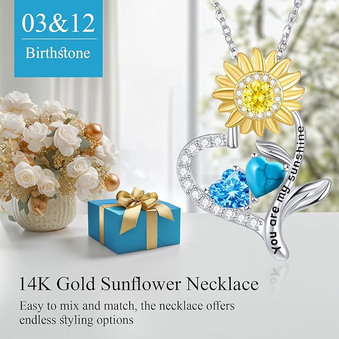 PERJI Valentine's Day Gifts for Women - 925 Sterling Silver Double Birthstone Sunflower Necklace, Anniversary Birthday Jewelry You are My Sunshine Gifts for Wife Couple Girlfriend 18"+2" Non Tarnish