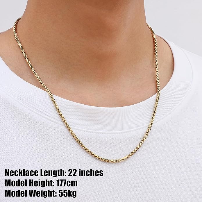 Fiusem Wheat Chains for Men and Women, 2/2.5/3/4/5mm Silver Tone/14K Gold Plated/Black Necklace Chain, Stainless Steel Mens Necklace 16-28 Inch
