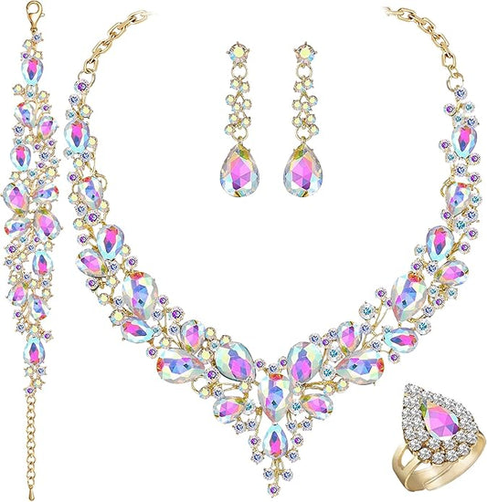 Paxuan Crystal Bridal Wedding Jewelry Sets for Women Rhinestone Teardrop Crystal Statement Choker Necklace Drop Earrings Link Bracelets Rings Teardrop Jewelry Set for Brides Bridesmaids