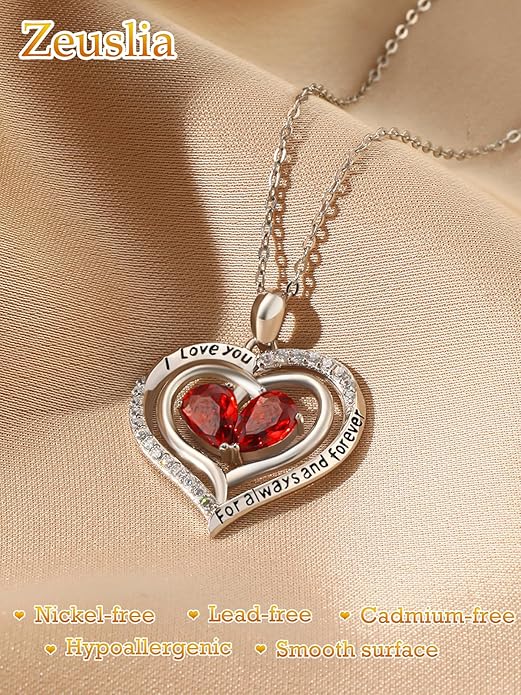 Zeuslia Double Birthstone Necklace Gifts for Wife - 925 Sterling Silver Sunflower/Rose/Crown Cross/Compass/Heart Pendant I Love You Necklace, Anniversary Birthday Gifts for Wife Girlfriend Mom Her