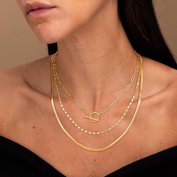 CHESKY 14K Gold Plated Layered Herringbone Necklaces for Women, Trendy Paperclip Snake Chain Necklace Cuban Link Simple Chunky Toggle Clasp Necklace Set Fashion Jewelry