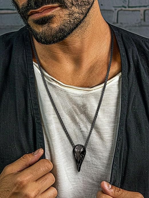 FaithHeart Viking Raven Necklace for Men, Norse Mythology Raven Skull Pendant Sturdy Stainless Steel Amulet Jewelry Gift for Men