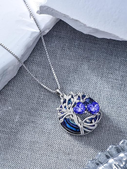 TOUPOP s925 Sterling Silver Family Celtic Tree of Life Pendant Necklaces with 2 Heart Birthstone with Blue Austrian Crystal Jewelry Birthday Anniversary Christmas Gifts for Her Wife Girlfriend Mom (18K Real White Gold Filled)