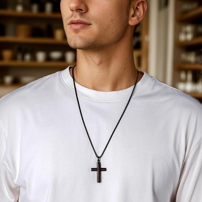 GTMJ Cross Necklace for Men -Stainless Steel & Wood Adjustable Box Chain 24-26in, Spiritual Jewelry Gift for Him, Everyday Wear