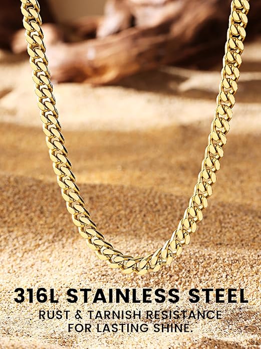 Bestyle Thick Stainless Steel Mens Cuban Link Chain, Black/Gold Chain for Men, No Tarnish & Durable Men Chain Necklace, 5/7/9/12mm Wide, 18"-30" Long, Gift Package