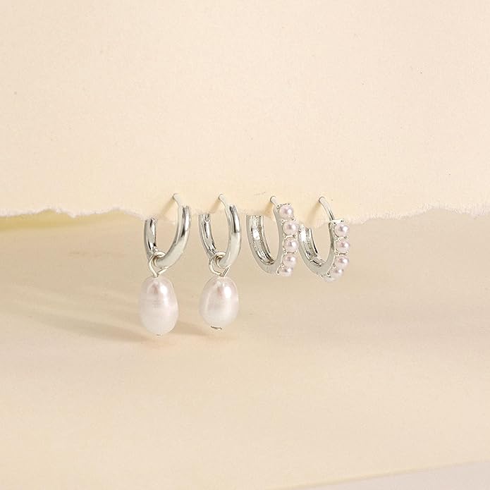 Gold Plated Earrings for Women, 14k Gold Plated Earring Stack Hypoallergenic Pearl Drop Earring Dainty Earrings for Women Trendy Cute Small Huggie Hoop Earring Fashion Womens Jewelry