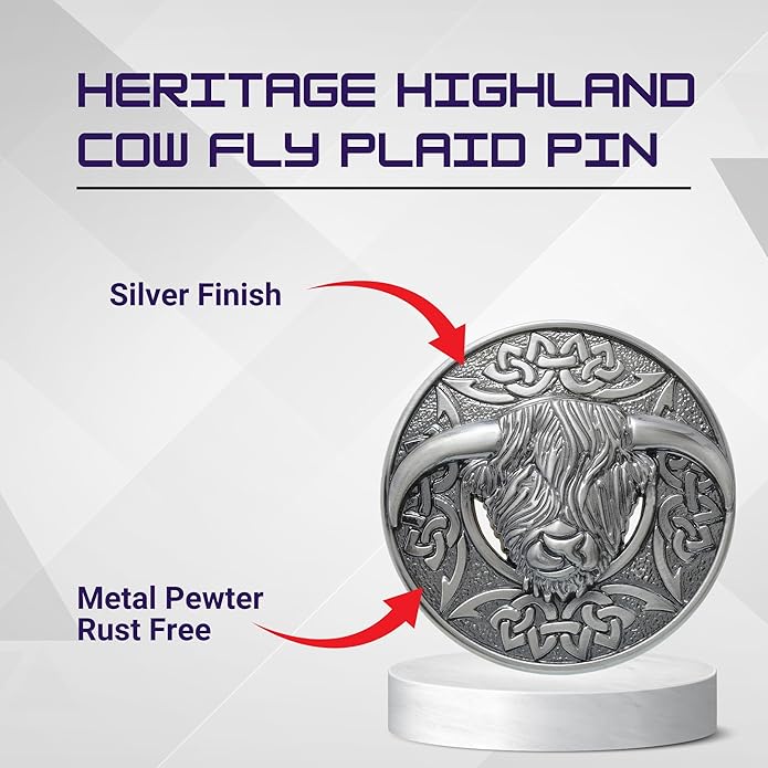 Highland Cow Kilt Brooch with Celtic Knot - Traditional Scottish Helian Coo Plaid Brooches for Men – Handcrafted Tartan Sash Pin, Luxurious Accessory for Women’s Dress
