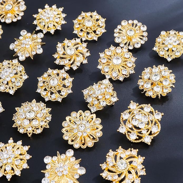 Assorted Small Size Crystal Rhinestone Flower Brooch Pins Set for Crafts Embellishment, Wedding Bouquet Brooches for Women Fashion