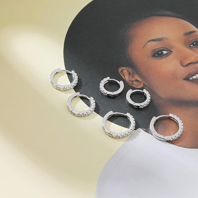 micuco 3 Pairs Small Hoop Earrings Tiny Cartilage Earrings for Women Cubic Zirconia Earrings Huggie Hoop Ear Piercing Earrings for Men 8mm 10mm 12mm